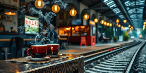 Hanoi railway cafe, steam rising from coffee cups, tracks in foreground,  Asia,  city
