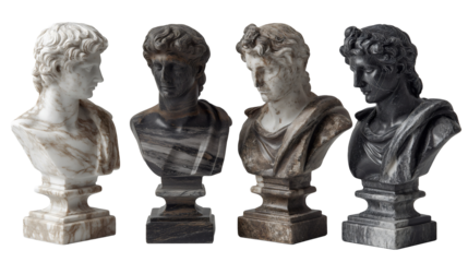 Set of classical marble bust sculptures, various shades and textures, detailed drapery and hair in greco roman style, transparent background png.