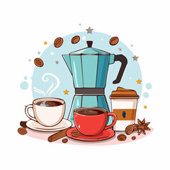 Vector illustrations of coffee cups, beans, moka pot, milk frother, cinnamon stick