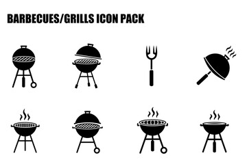 Barbecue grill icons in various states of use. Simple, black and white illustrations of grills, with lids on and off, and with smoke.