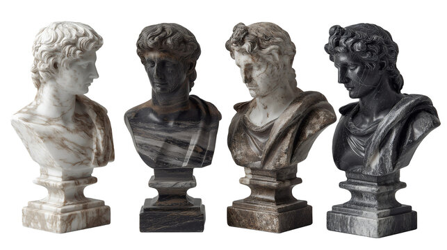 Set of classical marble bust sculptures, various shades and textures, detailed drapery and hair in greco roman style, transparent background png.