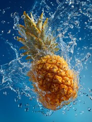 A vibrant pineapple splashing through water against a blue background