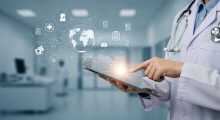 Doctor using tablet with medical icons