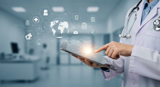 Doctor using tablet with medical icons