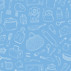 Kitchen pattern with doodles on blue background, kitchen utensils seamless pattern for wallpaper, prints, wrapping paper, backgrounds, banners, etc. EPS 10