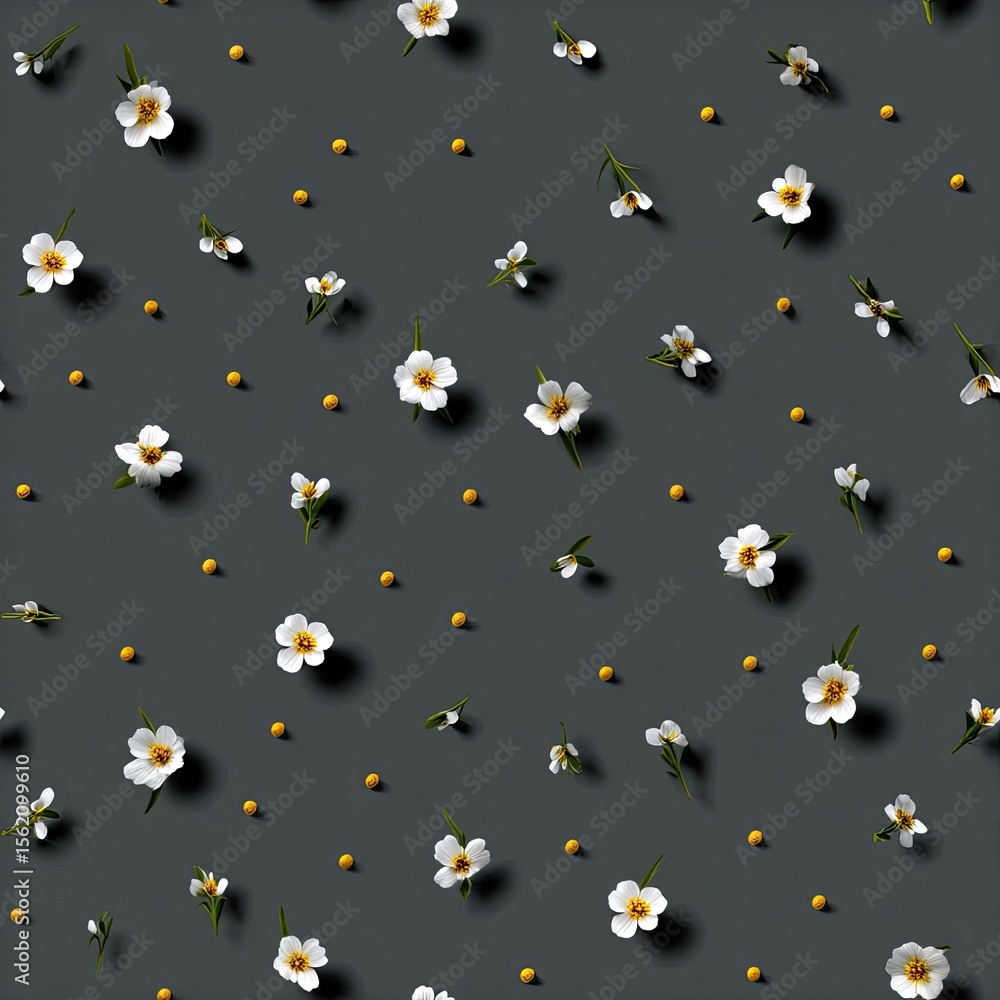 Poster delicate pattern features white flowers scattered on a grey background, showcasing a charming and si