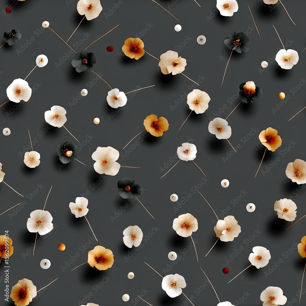 Poster delicate pattern features white flowers scattered on a grey background, showcasing a charming and si