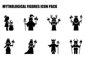 Mythological figures in various costumes, engaging in different actions against a plain white background. Diverse characters in fantasy settings.