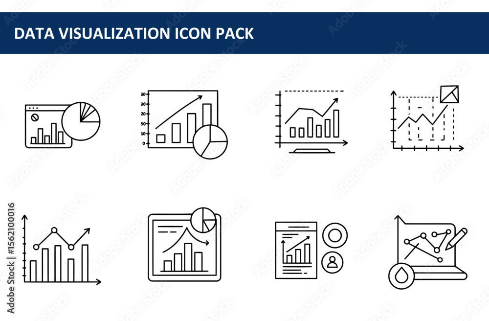 Poster data visualization icons for a business data analysis report. simple line drawings of various graphs