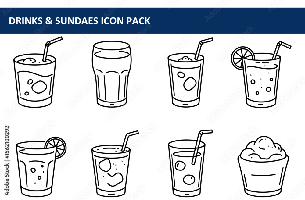 Poster drinks and sundaes icon set of various beverages with straw and ice, no specific demographic. simple