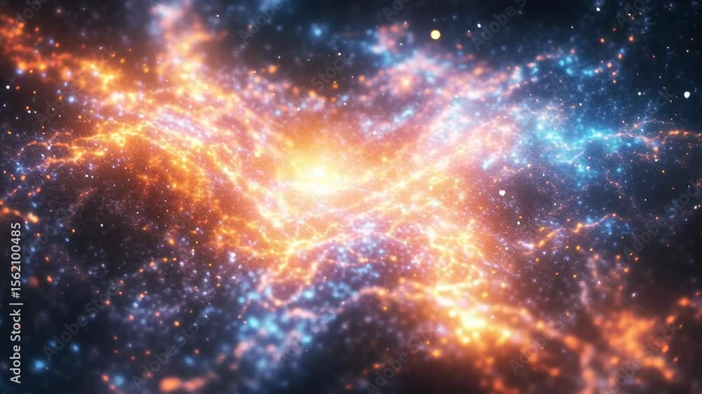 Poster cosmic energy explosion with glowing galaxy particles in deep space abstract universe scene