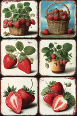 Vintage botanical strawberry illustration collection  rustic weathered frames, fresh red berries in wicker baskets, terracotta pots and detailed cross sections with green foliage, coasters, wall art.