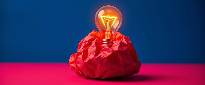 Red crumpled paper ball with lightbulb, creative idea concept,  stock photo,  solution
