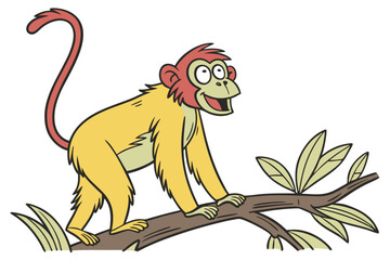Obraz premium Cheerful cartoon monkey with yellow fur and red face perches playfully on branch