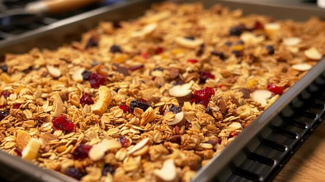 Baking sheet is cooling on the stovetop after having granola freshly baked in it. The granola is filled with almonds, cashews, cranberries, and other healthy ingredients