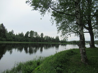 The landscape stretches into the distance with a view of the river. The water surface. Nature in summer