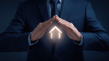 The businessman protecting a home icon symbolizes security and investment assurance.