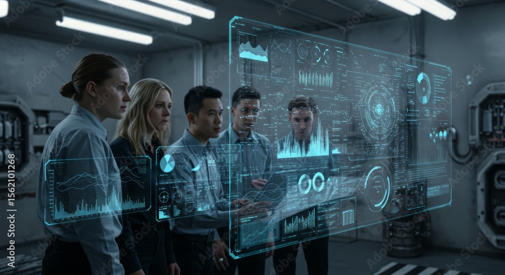 Poster five people scrutinize a digital display with charts and graphs, in an industrial setting