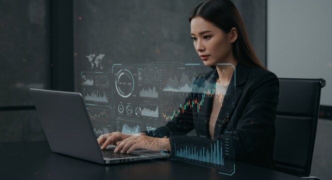Focused businesswoman working on laptop with holographic data overlays