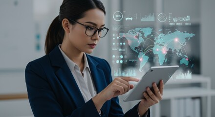 Focused businesswoman uses tablet, global data overlay