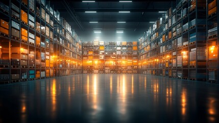 Dynamic warehouse operations modern distribution center digital environment industrial setting wide angle efficient logistics