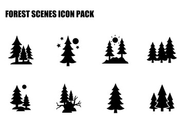 Forest scenes icon pack with various tree configurations under different weather conditions.