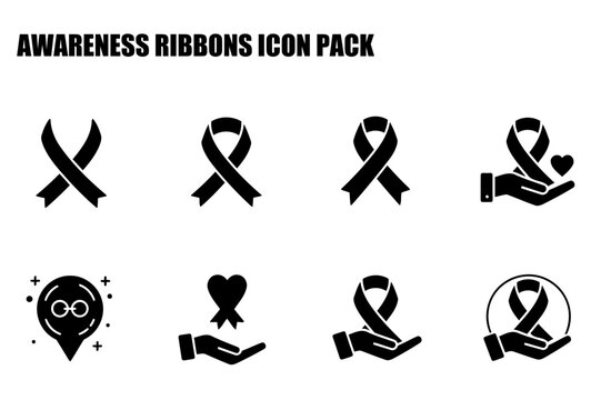 Awareness ribbon icons in various poses and symbolic representations. Simple, black and white icons for support and awareness campaigns.