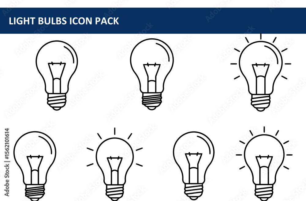 Poster light bulb icons in a variety of poses on a white background. simple line art illustrations of light