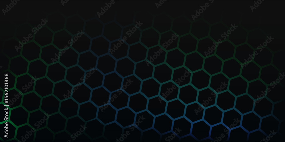 Poster dark hexagon abstract technology background with blue and green colored bright flashes under hexagon