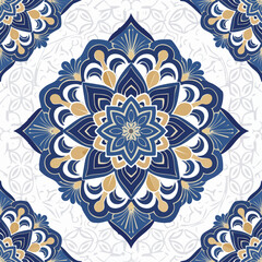 Intricate blue and gold mandala pattern with white background vector