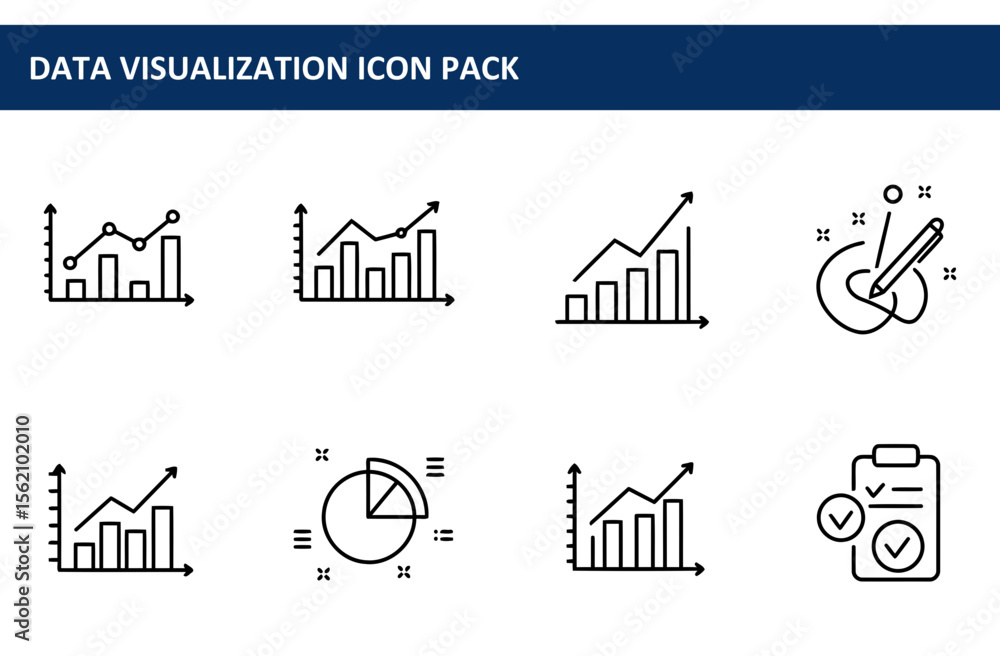 Poster data visualization icons for business presentations/reports. simple line art graphs, charts, and dat