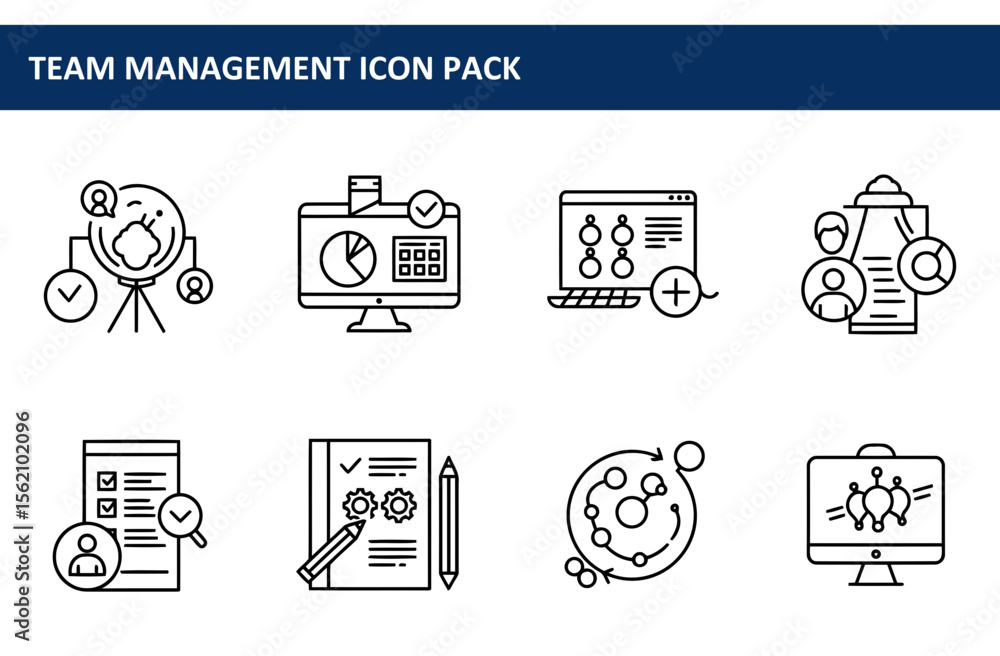 Poster team management icons in a digital workspace. collection of line art icons depicting various aspects