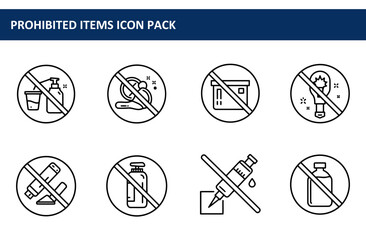 Prohibited items icons depicting various objects with a no symbol.