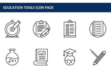 Line art icons of various educational tools. Simple black and white icons set against a white background depicting a selection of educational tools for a school or educational institution.