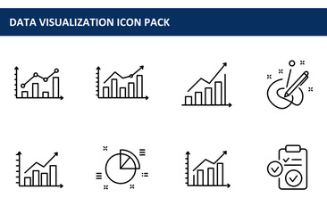 Data visualization icons for business presentations/reports. Simple line art graphs, charts, and data analysis tools in a professional, clean design.