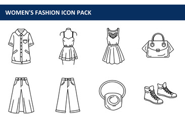 Women's fashion illustrations in various styles displayed in a flat lay, showcasing different clothing and accessories.