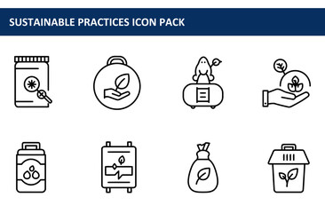 Sustainable practices icon set for environmental awareness. Simple, black-and-white icons depict various eco-friendly actions, suitable for educational or promotional materials.