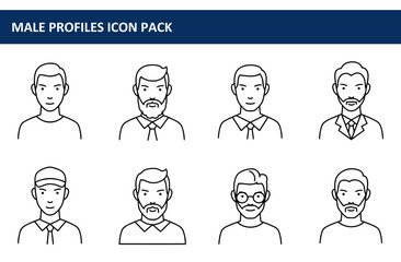 Male profile icons set with various hairstyles and facial hair in casual and formal attire. Representations of diverse male figures in different professional settings against a white background.