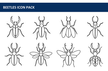Line art illustrations of various beetle types in a simple, flat style. Collection of beetle icons for educational use.
