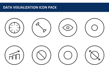 Data visualization icons in a set of simple, round outlines. A collection of basic graphical elements for use in data visualization projects.