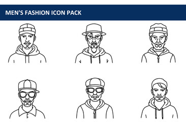 Men's fashion icons in various headwear and outerwear. Portraits of diverse men in casual outfits against a plain background.