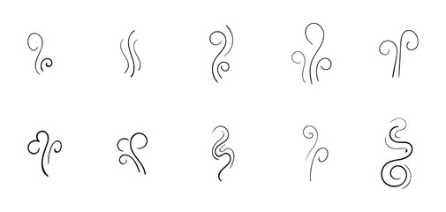 Hand-drawn steam and smoke icons including aroma waves. heat swirls. cooking vapor. scent. stink. and doodle-style fumes. 