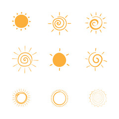 Collection of hand drawn sun icons including sunrise. sunset. and shining rays. 
