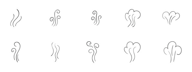 Hand-drawn steam and smoke icons including aroma waves. heat swirls. cooking vapor. scent. stink. and doodle-style fumes. Perfect for food. coffee. incense. hookah. and vapor-related design projects.