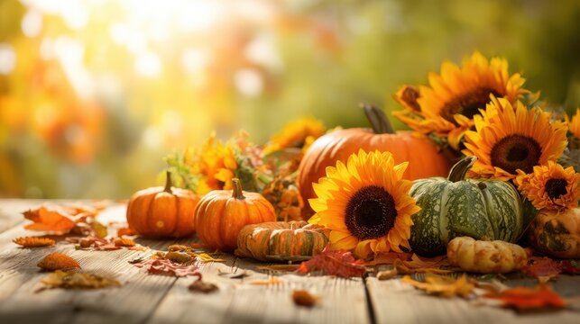 The vibrant autumn display of pumpkins and sunflowers on a rustic wooden table