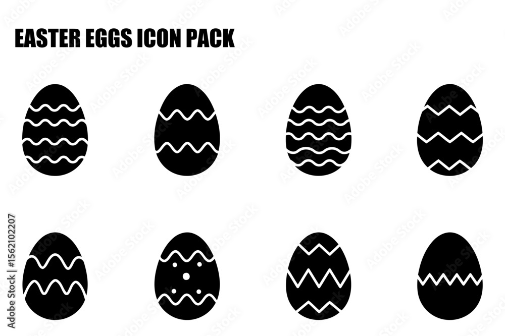 Poster easter egg icons in various decorative patterns. solid black shapes of eggs with different designs.
