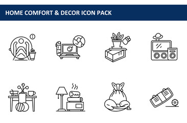 Home comfort and decor icons featuring various interior elements. Relaxing in a recliner chair with a plant nearby, working on a laptop with a globe.