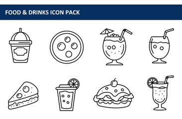 Food and drinks icons, various styles, simple line art. Collection of diverse food and drink icons, presented in a flat design style.