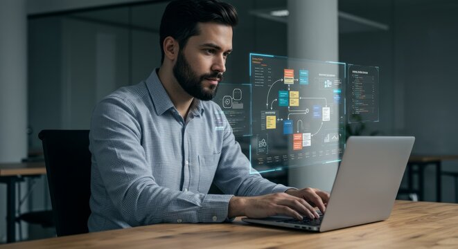 Focused man working on a laptop with holographic interface - Powered by Adobe