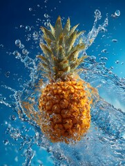 A vibrant pineapple splashing into water against a bright blue background